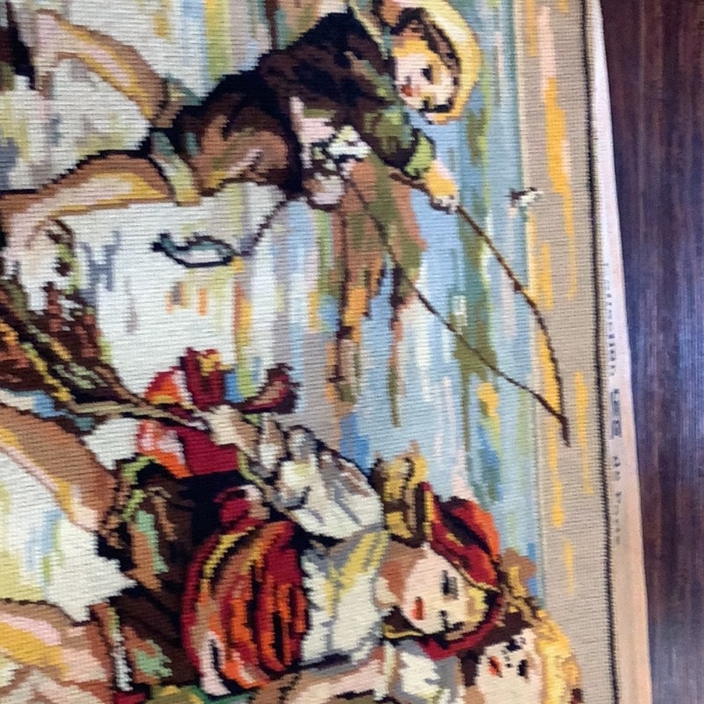 Extra large   needlepointTapestry Wall Art with Fishing Scene mint